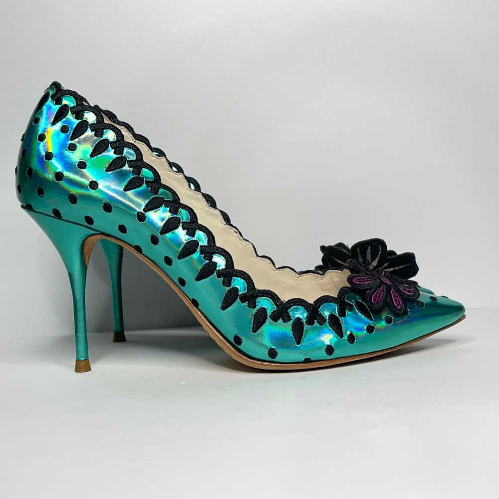 Sophia Webster Lilico Iridescent Teal Green Floral Pumps 36.5 Scalloped Stiletto - Picture 2 of 9